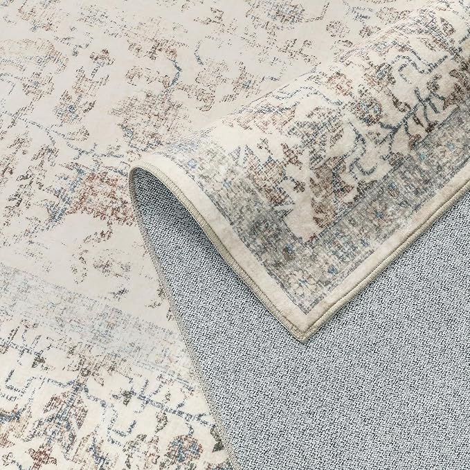 PureCozy Taupe Area Rug 4x6 Office Entryway Rug Machine Washable Kitchen Vintage Distressed Non Slip Carpet Indoor Retro Floral Accent Throw Door Mat for Bathroom Bedroom Dining Living Room