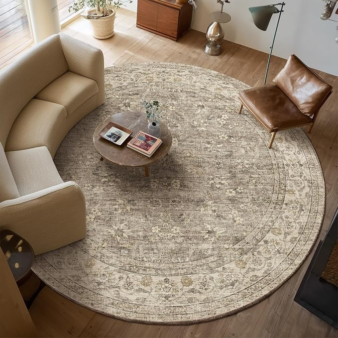 6ft Washable Round Rugs for Bedroom: Circle Living Room Rug Vintage Non Slip Low Pile Soft Faux Wool Non Shedding Boho Circular Rug for Kitchen Entryway Bathroom Bedside Office College Dorm Kids Room