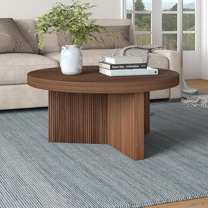 Henn&Hart 32" Fluted Round Low-Profile Coffee Table with Ribbed Pedestal Base Living Room, Family Room, Office, or Apartment, Medium Walnut