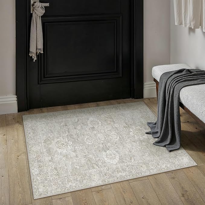2x3 Grey Washable Area Rug for Entryway Neutral Floral Soft Non Slip Small Carpet Low Pile Distressed Door Mat for Entrance Bathroom Bedroom Indoor