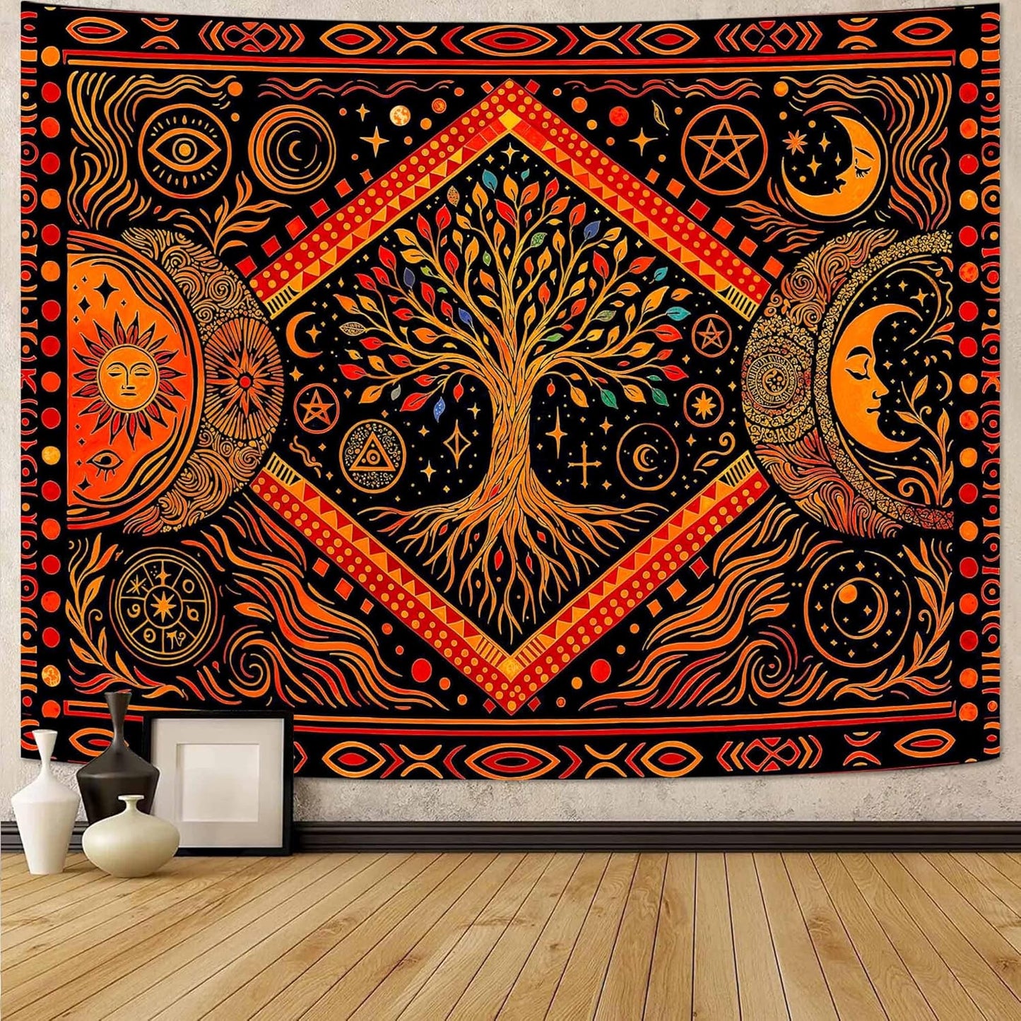 Lunerfex Tree of Life Sun Moon Stars Wall Tapestry, Cosmic Harmony Symbol Tapestries for Home Decor, Mystical Tapestry 60x44 Inch