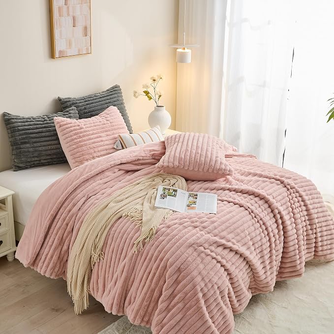 Simple&Opulence Fluffy Faux Fur Comforter Set, Plush Fuzzy Minky Bedding Set, 3 Pieces Warm Soft Comforter Bedding Set for Winter - 1 Shaggy Comforter with 2 Pillow Shams(King, Striped - Pink)