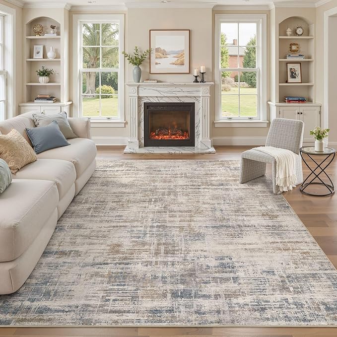 UERMEI 7x9 Washable Area Rug for Living Room: Modern Neutral Abstract Large Soft Low Pile Carpet Non-Slip Pet Kids Friendly Indoor Decor for Bedroom Dining Room Home Office Nursery Brown