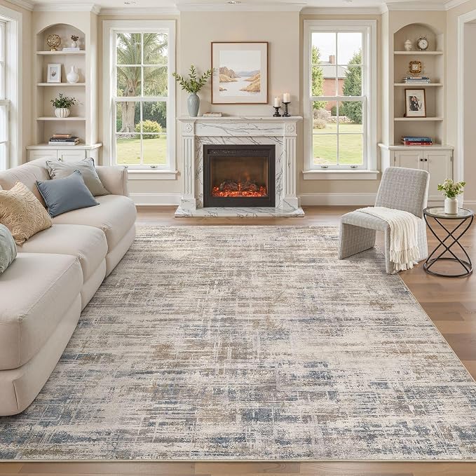 UERMEI 8x10 Washable Area Rug for Living Room: Modern Neutral Abstract Large Soft Low Pile Carpet Non-Slip Pet Kids Friendly Indoor Decor for Bedroom Dining Room Home Office Nursery Brown