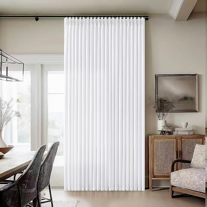 Extra Wide Pinch Pleat Linen Curtains 108 Inches Long for Living Room Sliding Glass Door 70 Inch Wide Semi Sheer Curtain White Pleated Drape Hooks Rings 70x108 Large Window Curtain 1 Panel