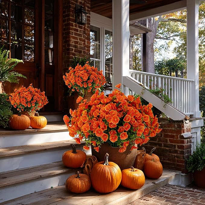 AXYLEX Artificial Fall Flowers Outdoor Fake Mums - 16 Bundles Fake Plants UV Resistant No Fade Faux Plastic Greenery Garden Morning Glory Home Decor (1, Orange)