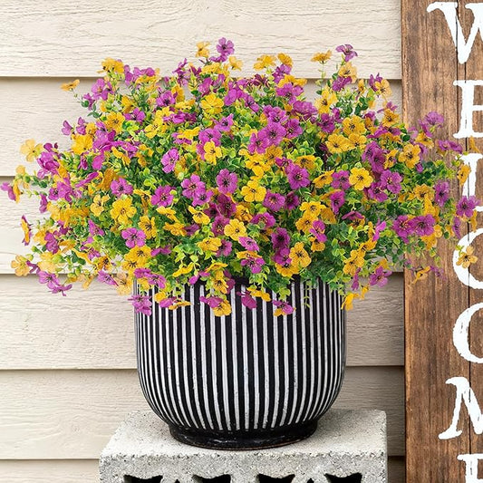 Artificial Fake Mums Flowers for Outdoor Spring Summer Decor, 12 Bundles Faux Silk Plants Daisy for Planter Pot Colorful UV Resistant Look Real for Front Door Porch Patio Outside Yard(Purple Yellow)