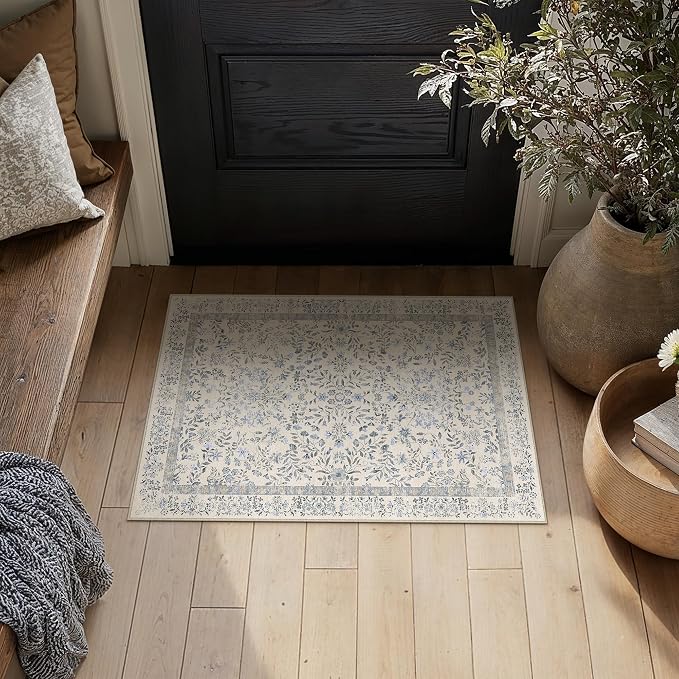 PureCozy 2x3 Blue Area Rug for Entryway Washable Vintage Floral Carpet Low Pile Non Slip Botanical Aesthetic Small Soft Accent Throw Rug Entrance Kitchen Bedroom Nursery Office Indoor