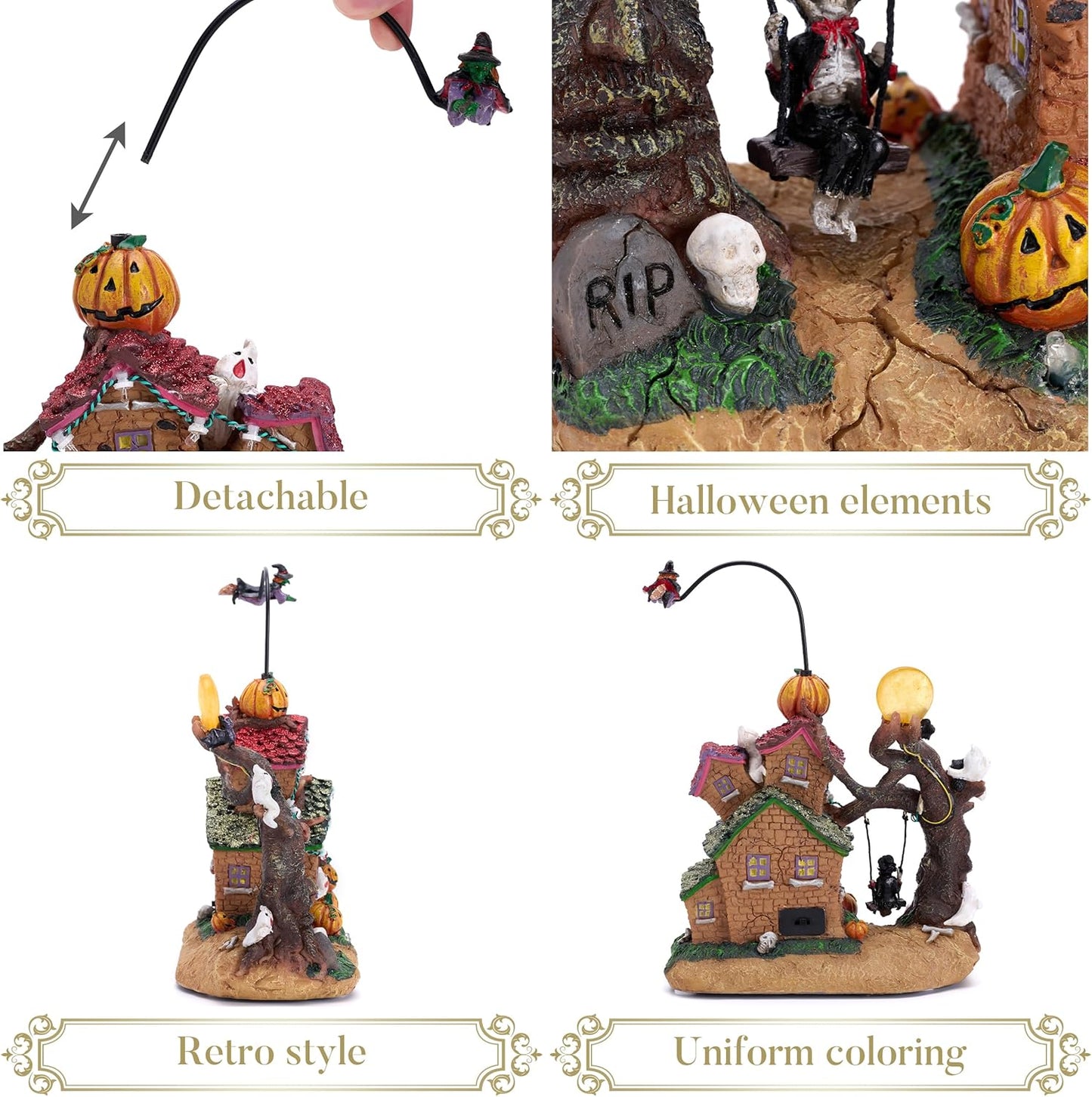 Valery Madelyn Halloween Decorations, Lighted Halloween Village Houses with Music and LED Lights, Resin Spooky Town Flying Witch and Haunted House for Home and Party Table Desk Mantel, 12 Inch