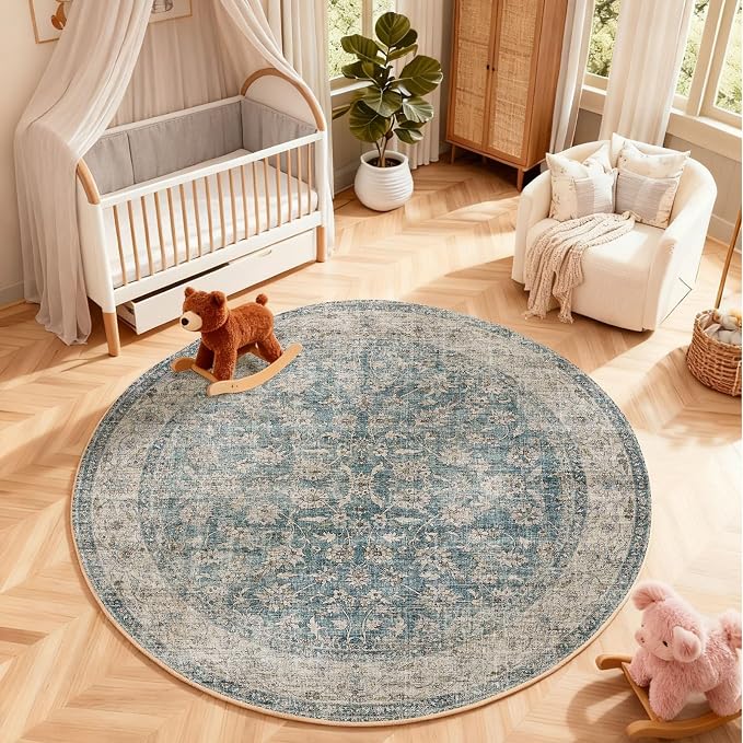 4x4 Round Living Room Rug: Washable Bedroom Rug Stain Resistant Boho Rug Non Slip Low Pile Small Carpet for Bedroom Kitchen Entryway Living Room Bedside Office Dorm Kids Room Entrance