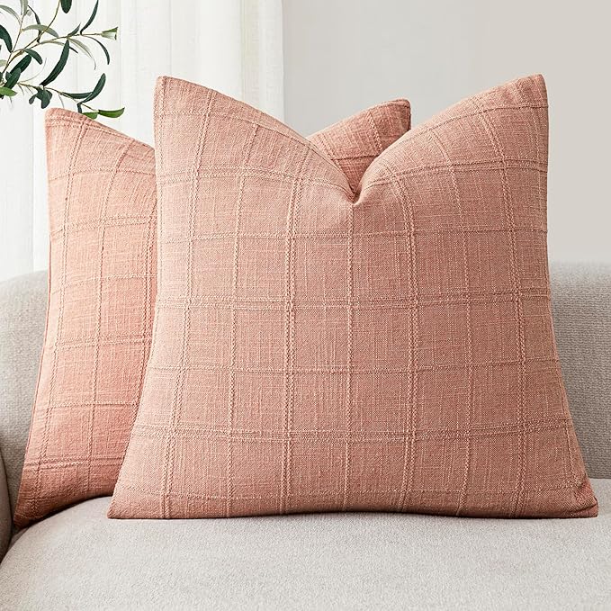 Foindtower Set of 2 Decorative Linen Check Throw Pillow Covers Neutral Farmhouse Vintage Cushion Covers Modern Boho Accent Home Decor for Sofa Chair Couch Bedroom Living Room,22×22 Inch,Coral Pink