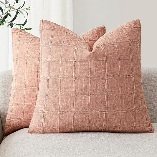Foindtower Set of 2 Decorative Linen Check Throw Pillow Covers Neutral Farmhouse Vintage Cushion Covers Modern Boho Accent Home Decor for Sofa Chair Couch Bedroom Living Room,18×18 Inch,Coral Pink