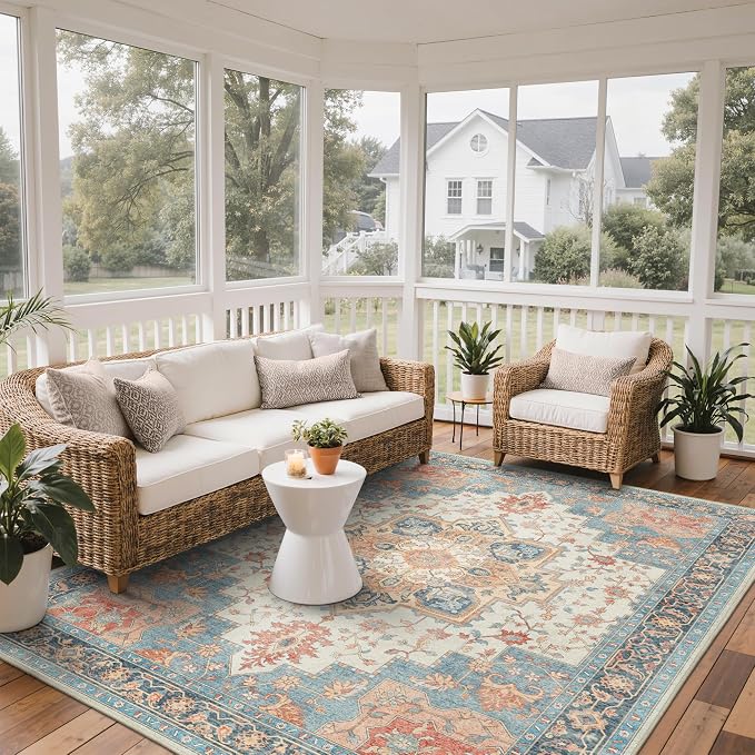 GENIMO Outdoor & Indoor Area Rug 9'x12', Waterproof, Non-Shedding, Easy Cleaning, Boho Mat for Patio, Living Room, Balcony, Dining Room, RV, Deck, Bedroom, Camping, Outside Carpet,Blue Salmon