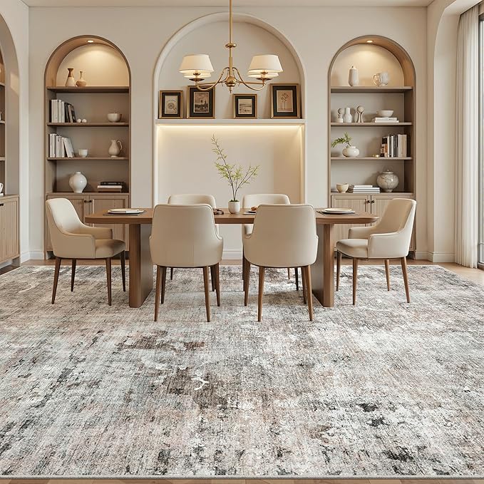 Soalmost 10x14 Area Rugs for Living Room, Non Slip Machine Washable Vintage Rugs, Low Pile Lightweight Large Rug for Bedroom, Dining Room, Home Office Pink/Grey