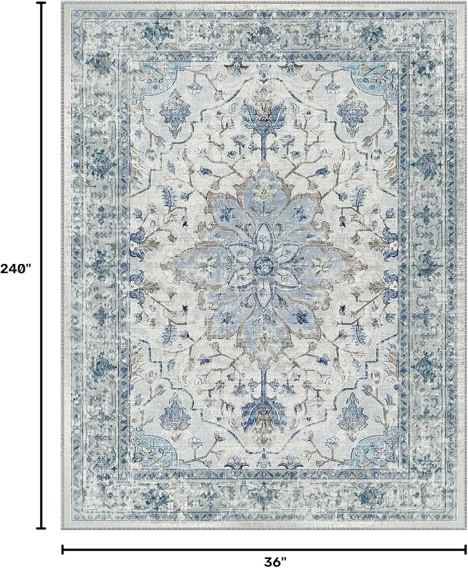 RELEANY Area Rugs Runner 3'x20' Washable Non-Slip, Floral Vintage Distress Medallion Carpet for Kitchen Hallway Bedroom Beside Laundry Room Bathroom, Light Blue Navy Gray White