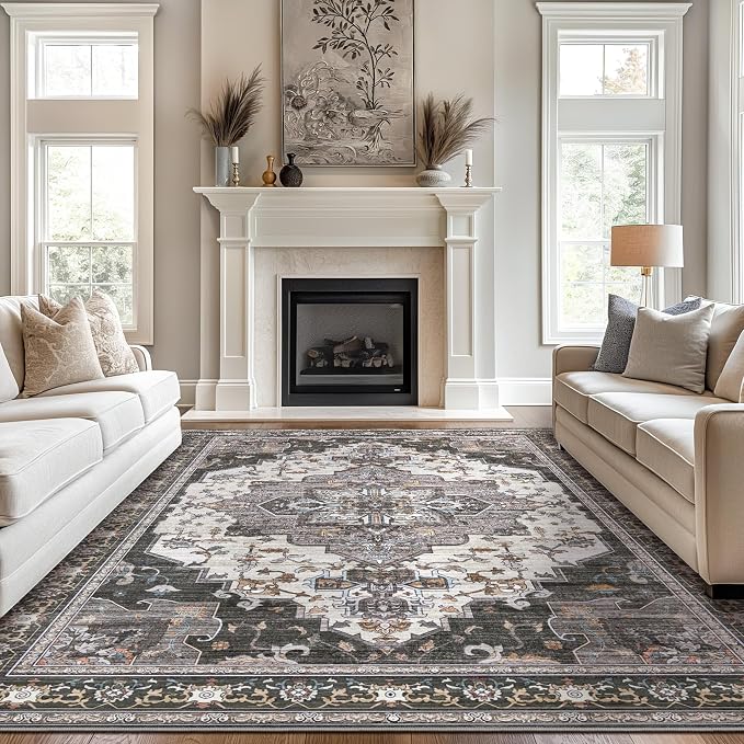 BEIMO Area Rugs 10x14 for Living Room Bedroom, Modern Modern Vintage Boho Washable Large Rug Soft Rug, Low Pile Floor Carpet with Non Slip Backing for Dining Room,Dark Grey
