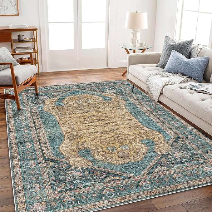 CHAMPLANT Area Rug 6'x9' Washable Vintage Traditional Floor Cover Thin Retro Kitchen Indoor Distressed Non Slip Carpet for Living Room Bedroom Dining Room