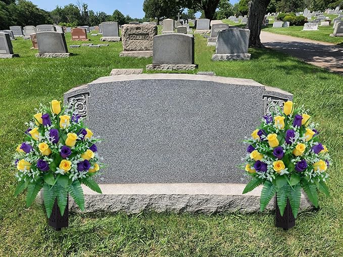 LVXINLI Artificial Cemetery Flowers, Gravesite Decoration Roses, Memorial Bouquets with Cemetery Vase, Vibrant and Long-Lasting Colors （ Yellow+Purple, 2 Bundles