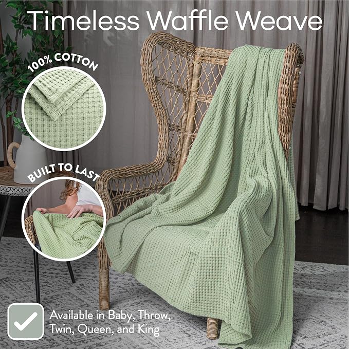 Comfy Cubs 100% Cotton Waffle Weave Throw Blanket Breathable Skin-Friendly Soft Lightweight Blankets - Perfect Warm Textured Blanket Layer - Size for Couch Bed & Sofa (Sage, 50" X 60")