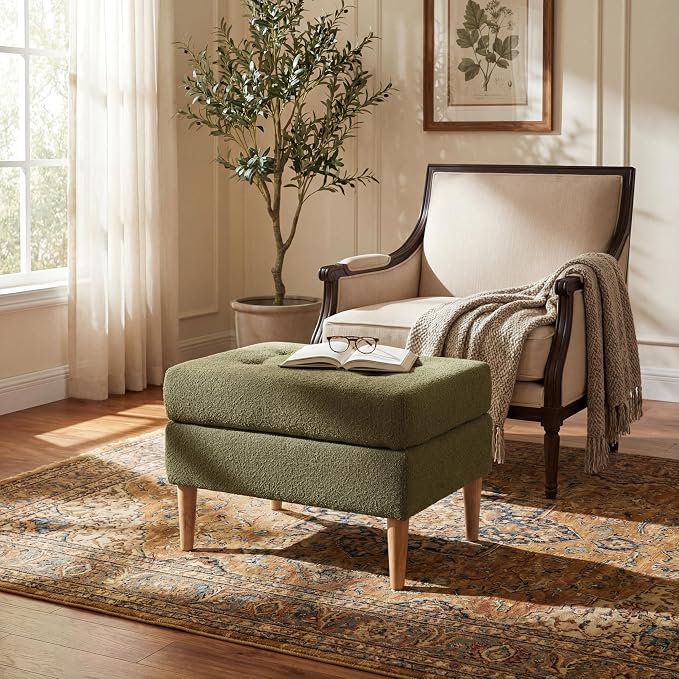 Christopher Knight Home Dalla Boucle Upholstered Ottoman Coffee Table, Small Living Room Sofa Footrest, Wooden Rectangular Ottoman Footstool, Guest Extra Seat, Olive Green