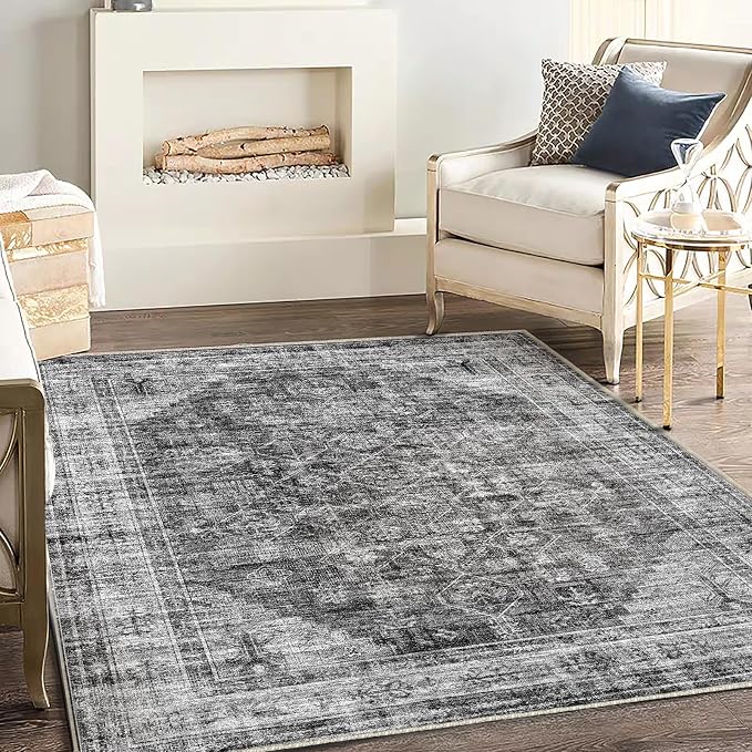 CHAMPLANT Washable Area Rug 3'x5' Vintage Traditional Floor Cover Foldable Thin Rugs Retro Kitchen Indoor Distressed Non Slip Carpet Floral Print Mat Bedroom Living Room