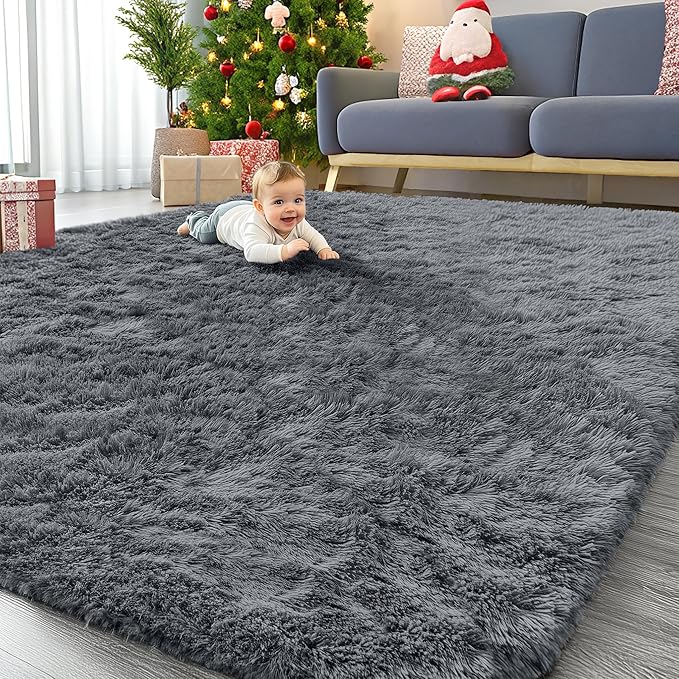 OLANLY 9x9 Machine Washable Large Area Rugs for Living Room, Bedroom, Soft Fluffy Shaggy Bedside Rug, Indoor Floor Carpet for Kids Girls and Boys, Dorms, Nursery, Home Decor Aesthetic, Grey