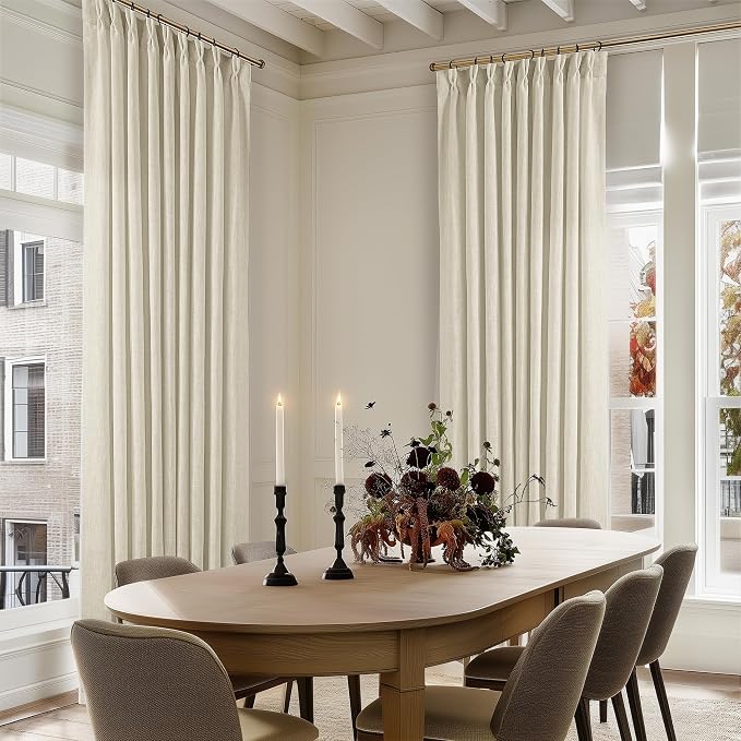 Extra Wide Pinch Pleat 60 x 102 Inch Linen Curtains for Living Room Neutral Beige Light Filtering Semi Sheer Pleated Curtains for Patio Glass Sliding Door Dining Bedroom Large Window 60x102 1 Panel