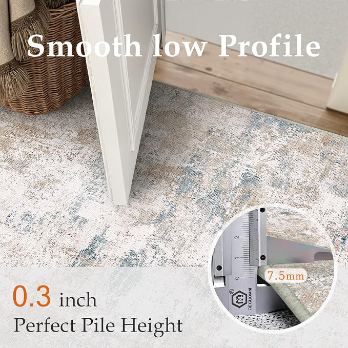 9x12 Washable Area Rug Beige Blue Abstract Non Slip Soft Low Pile Rug for Living Room Bedroom Dining Room Office Neutral Modern Indoor Large Throw Carpet for Home Decor