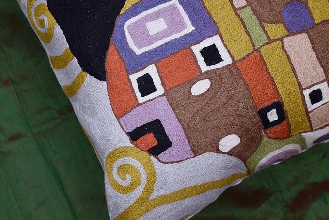 Klimt Embrace Modern Pillow Cover Art Nouveau Pillowcase Chair Cushion Contemporary Pillowsham Modern Outdoor Pillows Mid Century Chair Cushions Hand Embroidered Wool Size 18x18