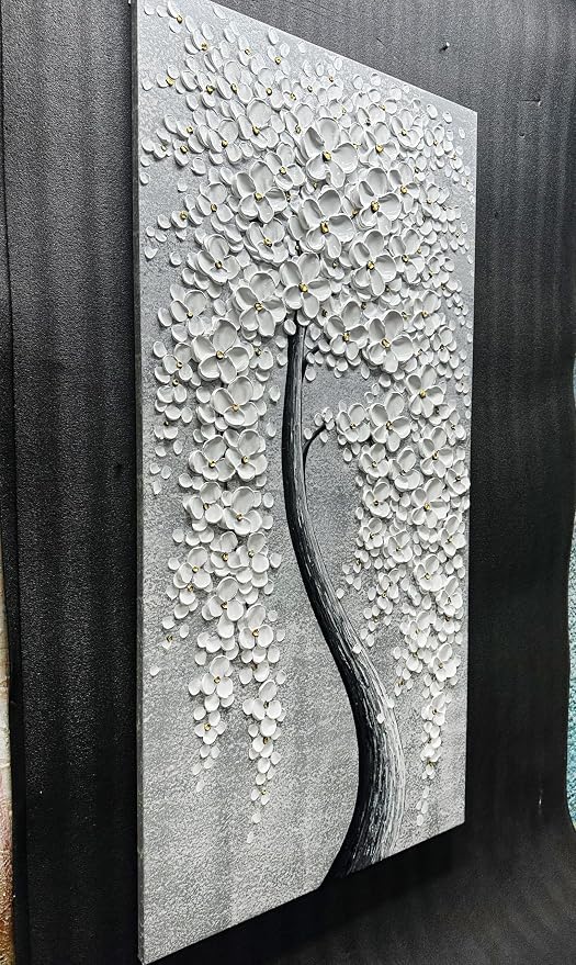 Yika Art Paintings - 24X48 Inch 3D White Flower Tree Wall Art Abstract Textured Knife Platte Acrylic Painting on Canvas 3D Flowers Tree Paintings Ready to hang