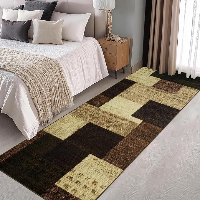 Modern Geometric Patchwork Indoor Runner Rug for Living Room, Warm Taupe 2.7'x 8' Rug Rockwood Collection Hardwood Floors Decor for Bedroom, Taupe Throw Carpet for Office Entryway Dining Room
