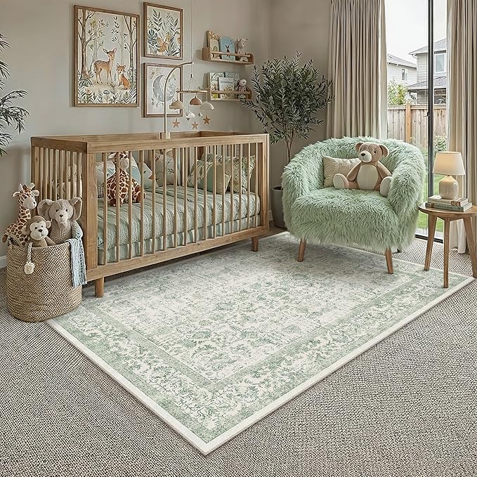PureCozy Sage Green Area Rug 3x4 Washable Office Entryway Carpet Vintage Distressed Non Slip Kitchen Indoor Entry Neutral Low Pile Retro Floral Farmhouse Throw Mat for Laundry Dining Room Bedroom