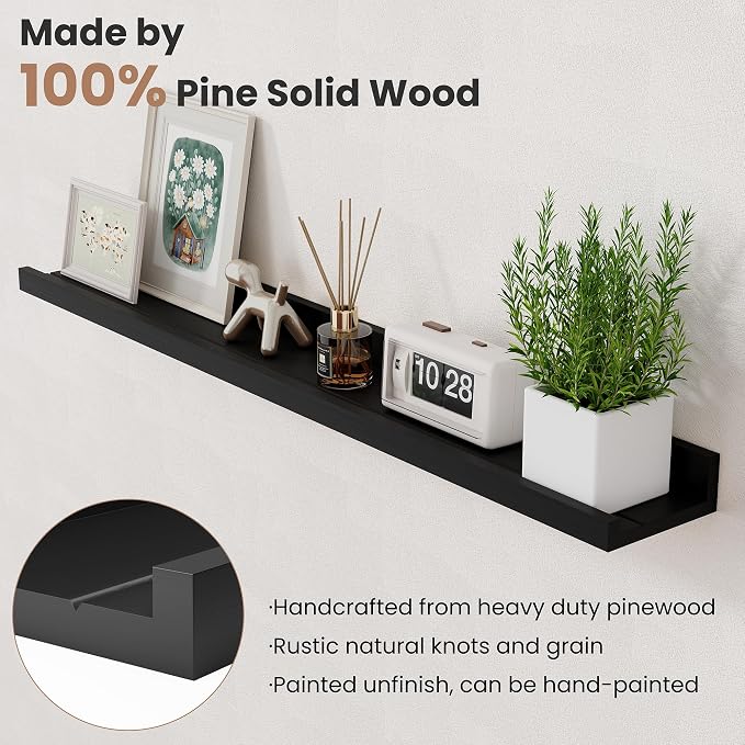 Acovy Long Floating Shelves for Wall, 55 inch Solid Wood Picture Ledge Shelf, Picture Shelf for Wall with Ledge, Floating Book Shelves for Living Room Bedroom Kitchen Nursery Decor, Black, Set of 2