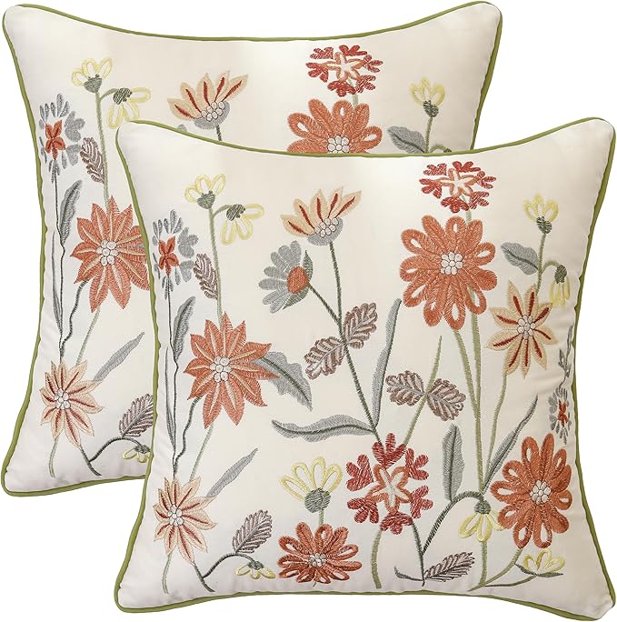 Orange Floral Pillow Covers 18x18 Pack of 2 Embroidered Throw Pillow Covers Vintage Flowers Farmhouse Pillow Cushion Cases Spring Summer Decorative Pillowcases Home Decor Square Pillow Case