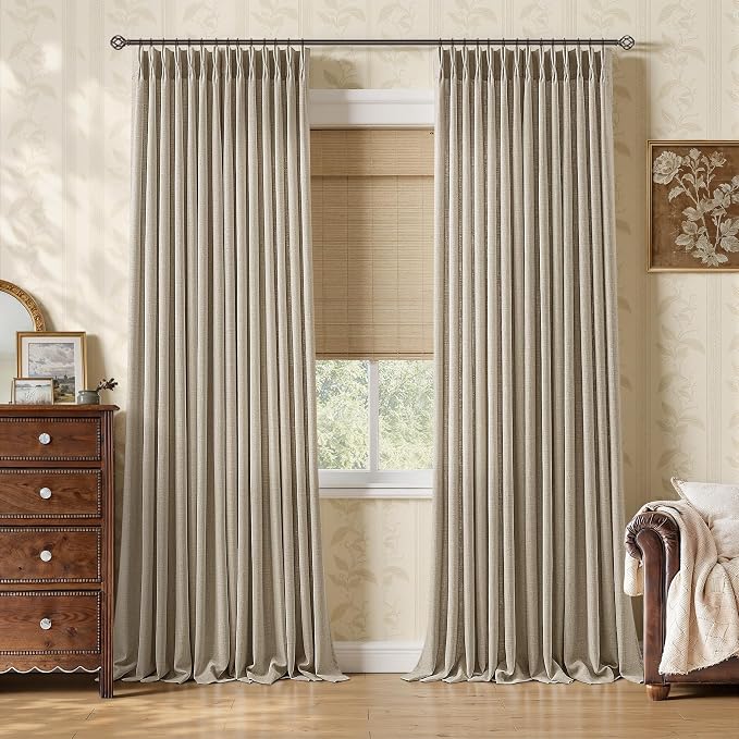 Pinch Pleat Linen Curtains 108 Inch 2 Panels Set Burlywood Taupe Back Tab Neutral Vintage Semi Sheer Window Curtains for Track Ceiling to Floor Burlap Textured Drapes for Living Room Patio Door 9 FT