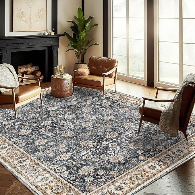 CHAMPLANT Washable Area Rug 9'x12' Retro Boho Design Non-Shedding Easy Care Ideal for High Traffic Areas in Living Room Bedroom Office Coffee Table Kitchen Large Carpet