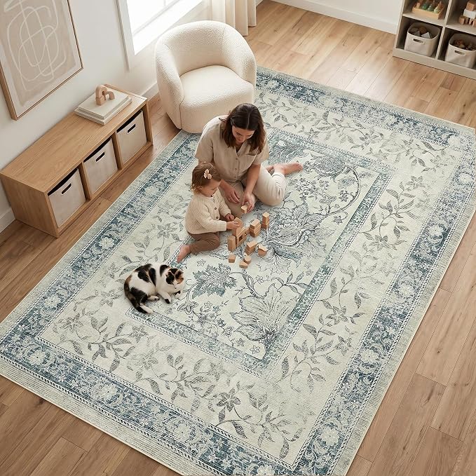 GarveeHome Vintage Blue Area Rug 5x7 Washable Cottage Core Retro Farmhouse Low-Pile Stain Resistant Non-Slip Rugs for Bedroom Living Room Nursery Kitchen Home Office TPE Backing Indoor Decor