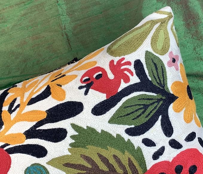 Lumbar Cushion Cover Hand Embroidered Wool 13x21 (Red Floral Lumbar Pillow Cover)
