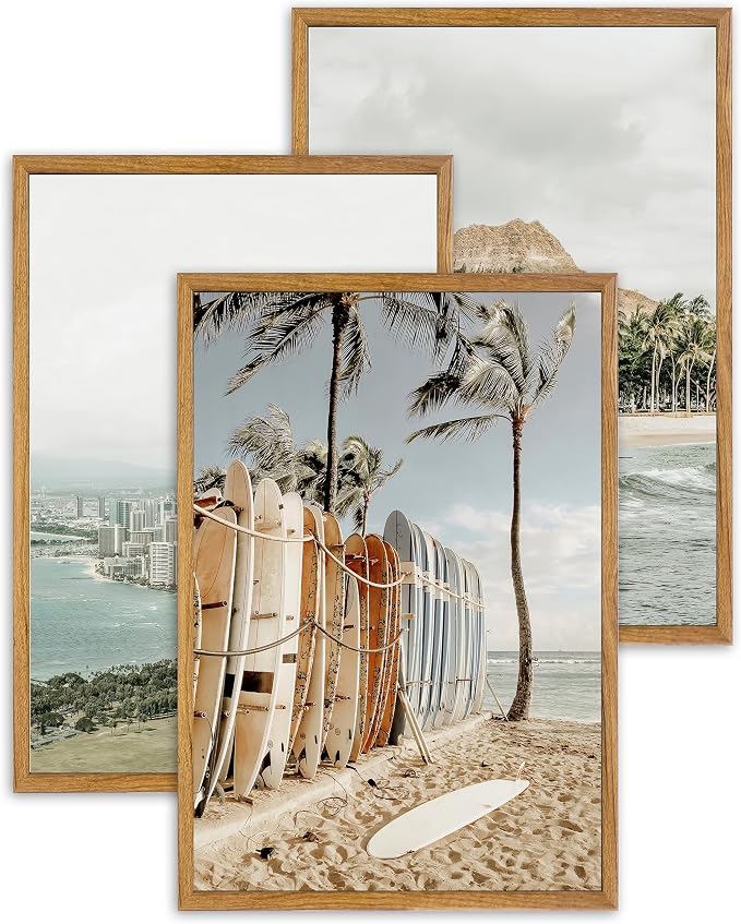 UPWOIGH Hawaii Coastal Framed Wall Art, 16 x 24 Inch, Set of 3 | Surfboard Beach, Diamond Head and Honolulu Prints, Soft Coastal Tones, Light Wood Frames for Living Room and Office