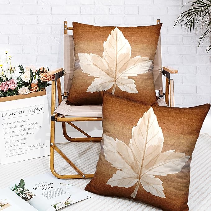 Thanksgiving Fall Pillow Covers Maple Leaf Pillow Covers 18x18 Set of 2 Autumn Decorative Pillow Cases Brown Cotton Linen Farmhouse Throw Pillow Cover for Living Room Patio Couch Outdoor
