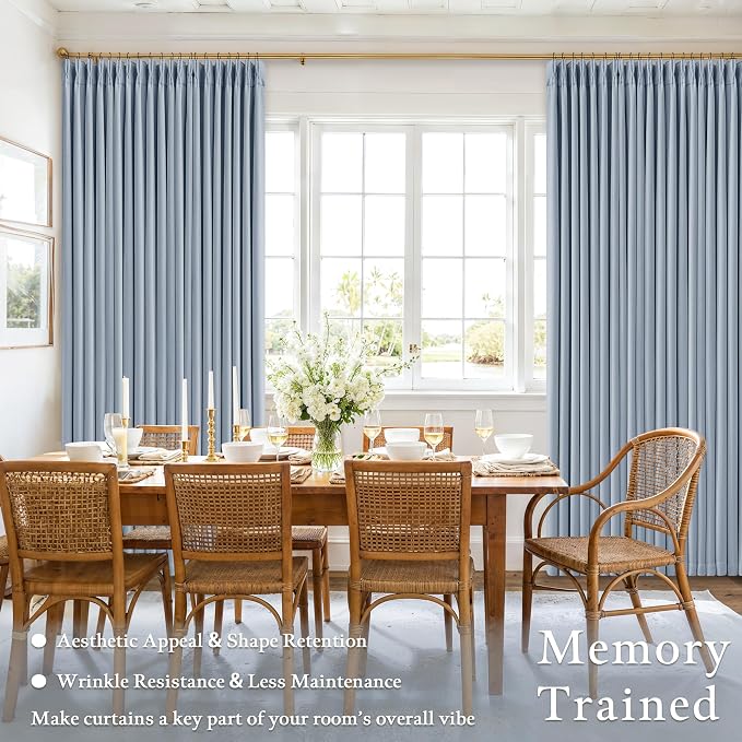Light Blue Linen Blackout Pleated 105 Inch Curtains for Living Room Darkening Pinch Pleat 100% Black Out Drapes Thermal Insulated Soundproof 105 Inch Curtain with Liner for Dining Kids Girls Bedroom