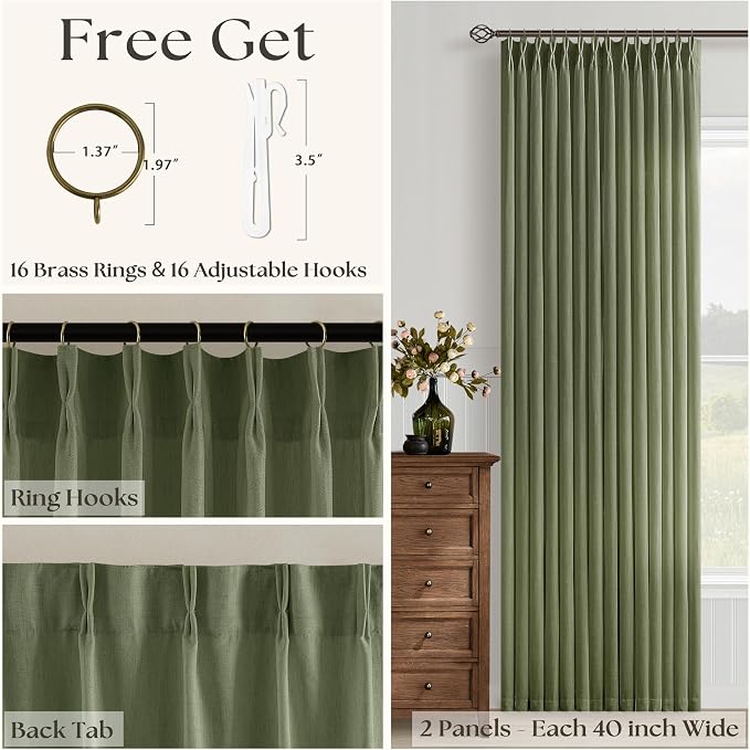Green Pinch Pleated Linen Curtains 86 Inch Length 2 Panels for Living Room Bedroom Dining Light Filtering Olive Moss Loden Green Semi Sheer 86 Inch Window Curtain Boho Back Tab Pinch Pleat Drapes