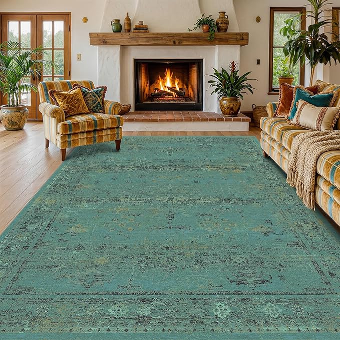 Turquoise Green 5x7 Washable Area Rug for Small Living Room, Non-Slip Low Pile Vintage Boho Carpet, Distressed Teal Geometric Rug for Home Office & Bedroom, Modern Farmhouse Décor