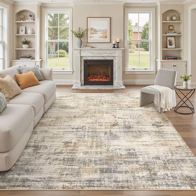 UERMEI 8x10 Washable Area Rug for Living Room: Modern Neutral Abstract Large Soft Low Pile Carpet Non-Slip Pet Kids Friendly Indoor Decor for Bedroom Dining Room Home Office Nursery Golden Brown
