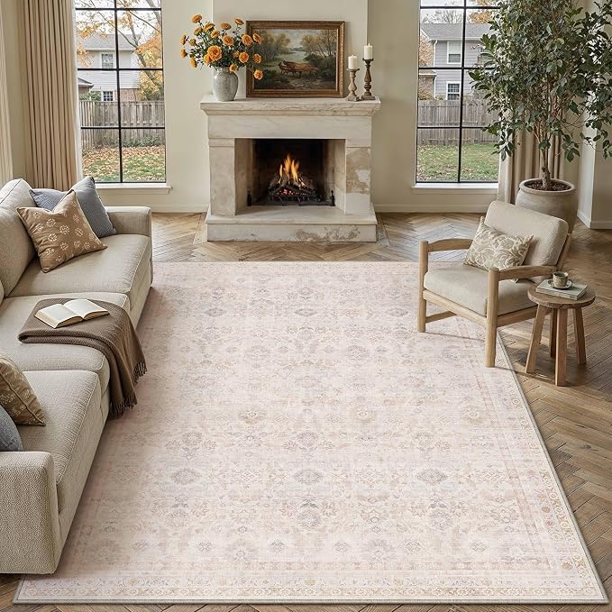 8x10 Washable Neutral Area Rug Living Room Beige Floral Non Slip Low Pile Large Rug Modern Traditional Stain Resistant Distressed Carpet Bedroom Dining Room Office Playroom