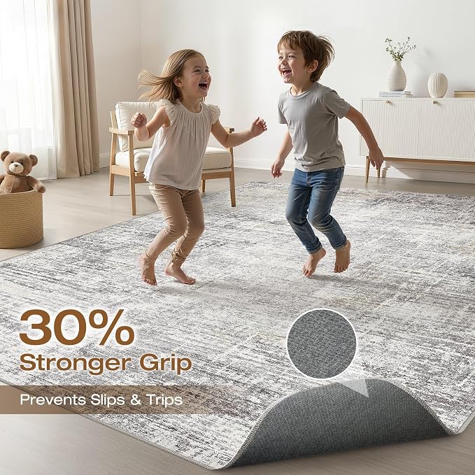 10x14 Area Rugs Living Room: Washable Large Neutral Rug Abstract Soft Modern Stain Resistant Indoor Floor Non-Slip Carpet for Bedroom Nursery Kids Office Playroom Dining Room Under Table- Gray Beige