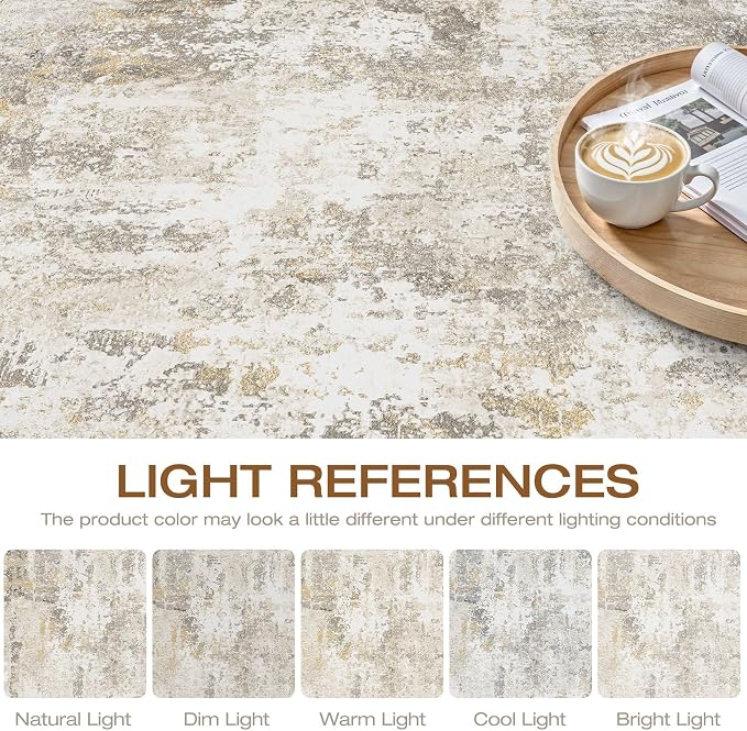 9x12 Area Rug Living Room: Washable Large Neutral Gray Gold Rugs Abstract Soft Modern Stain Resistant Indoor Floor Non-Slip Carpet for Bedroom Nursery Kids Office Playroom Dining Room Under Table Home