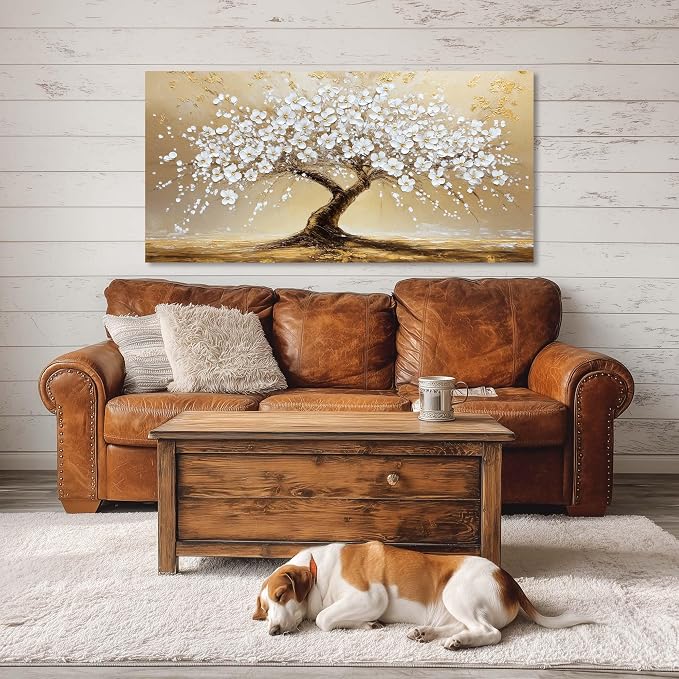 Ggaafet White FLower Tree Wall Art for Bedroom Canvas Oil Painting Prints Beautiful Gold Floral Blooming Art Deco Modern Artwork Office Family Dining Room Decor