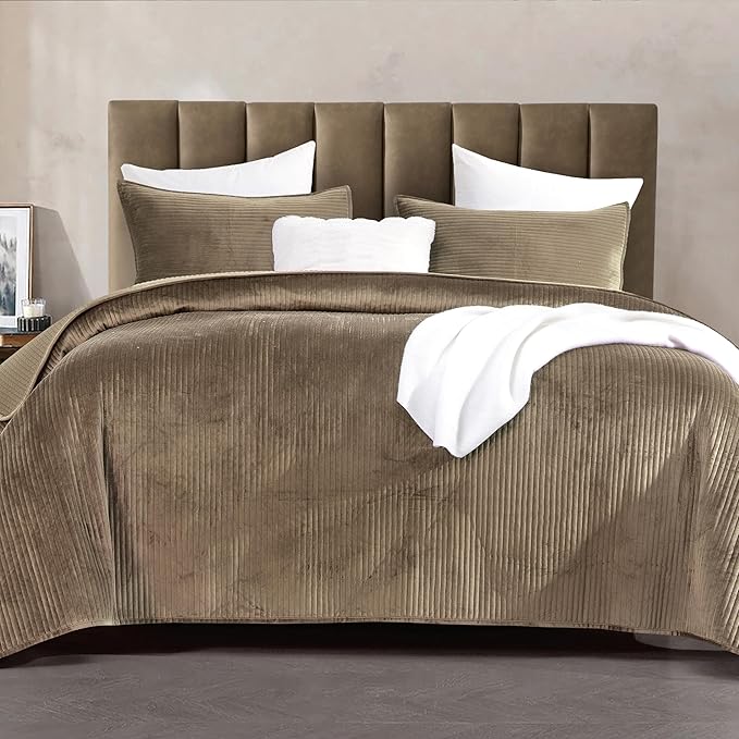 Elegant Comfort Luxury 3-Piece Velvet Corduroy Stripe Quilt Set, Ultra Soft Bedspread - Cozy Velvet Coverlet Set - 3PC Medium Weight Quilted Set with Matching Pillow Shams, California King, Khaki