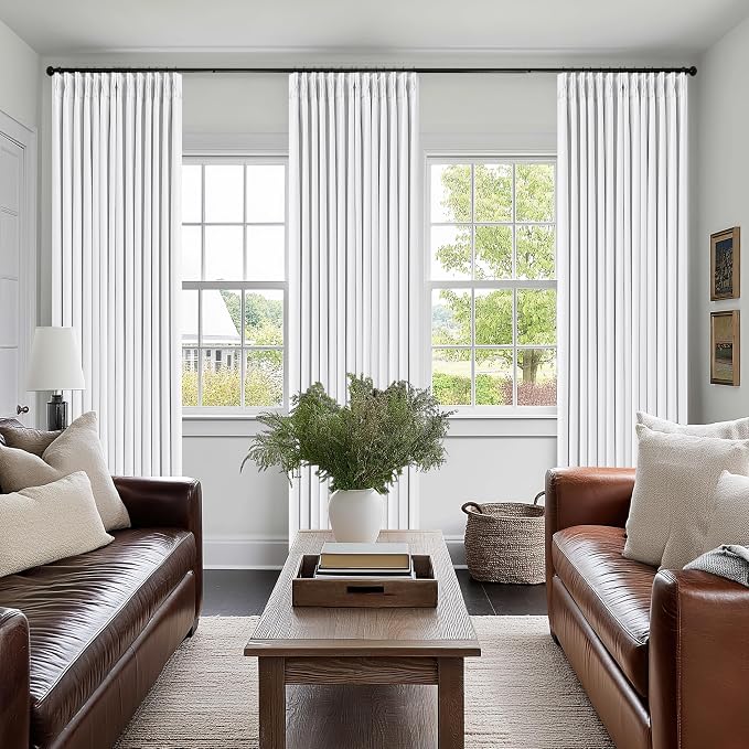 White 80 Inch Pinch Pleated Black Out Curtains 2 Panel Set for Living Room Pinch Pleat Linen Drapes with Liner 80 Inches Long 100% Blackout Light Blocking Energy Saving Curtain for Dining Bedroom